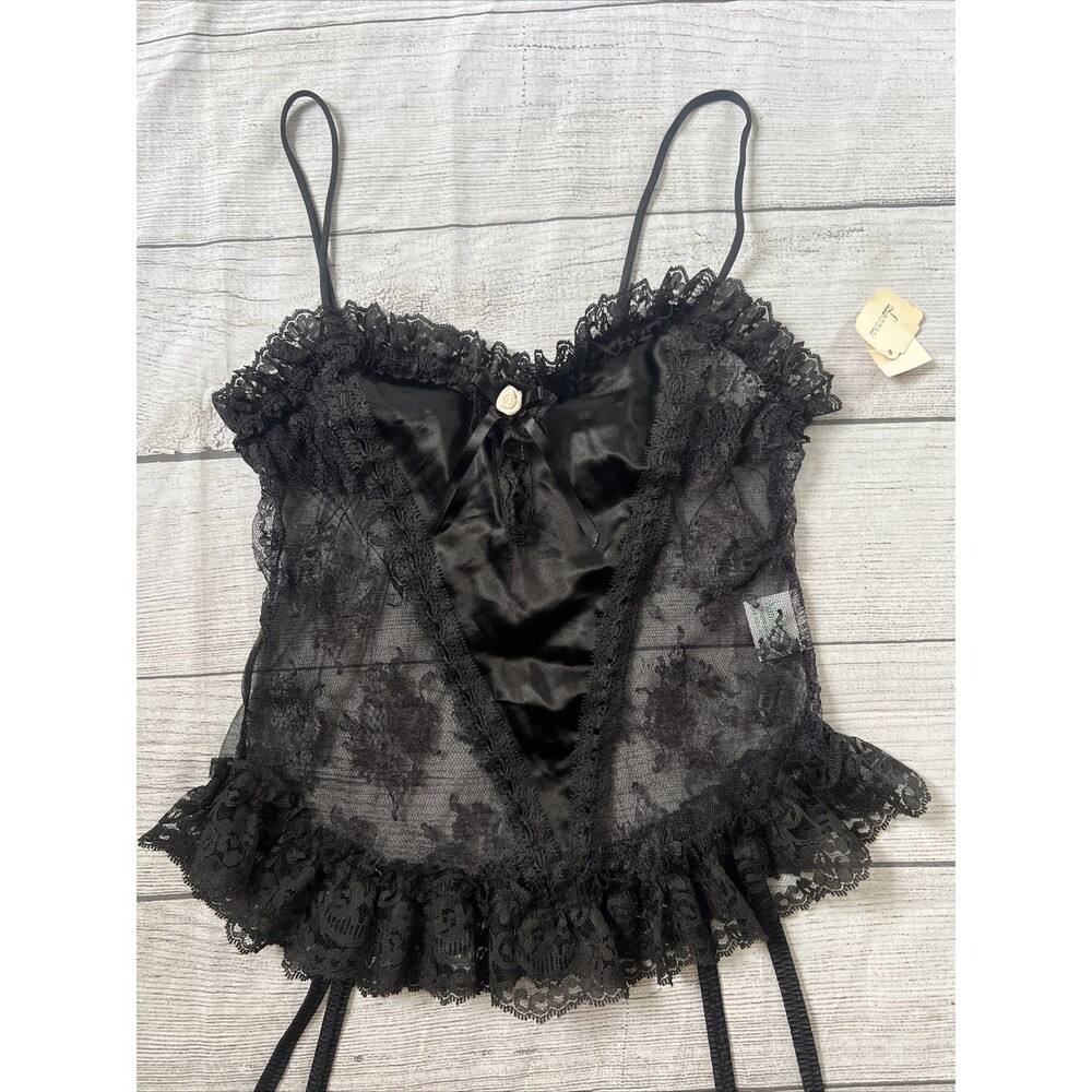 Vtg Nan Flower Black Lace Bustier Top Garter Straps Grunge Dark Fairy Sz S